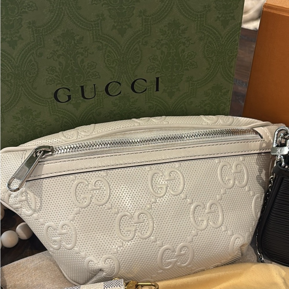 Gucci Giant Monogram Cream Leather Bum Bag with Silver Accents